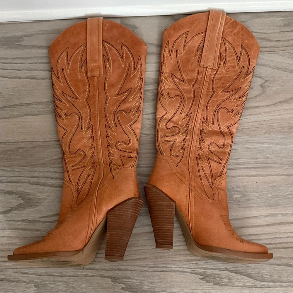 Jessica Simpson Cognac Leather Western High Heel Boots - Picture 3 of 8